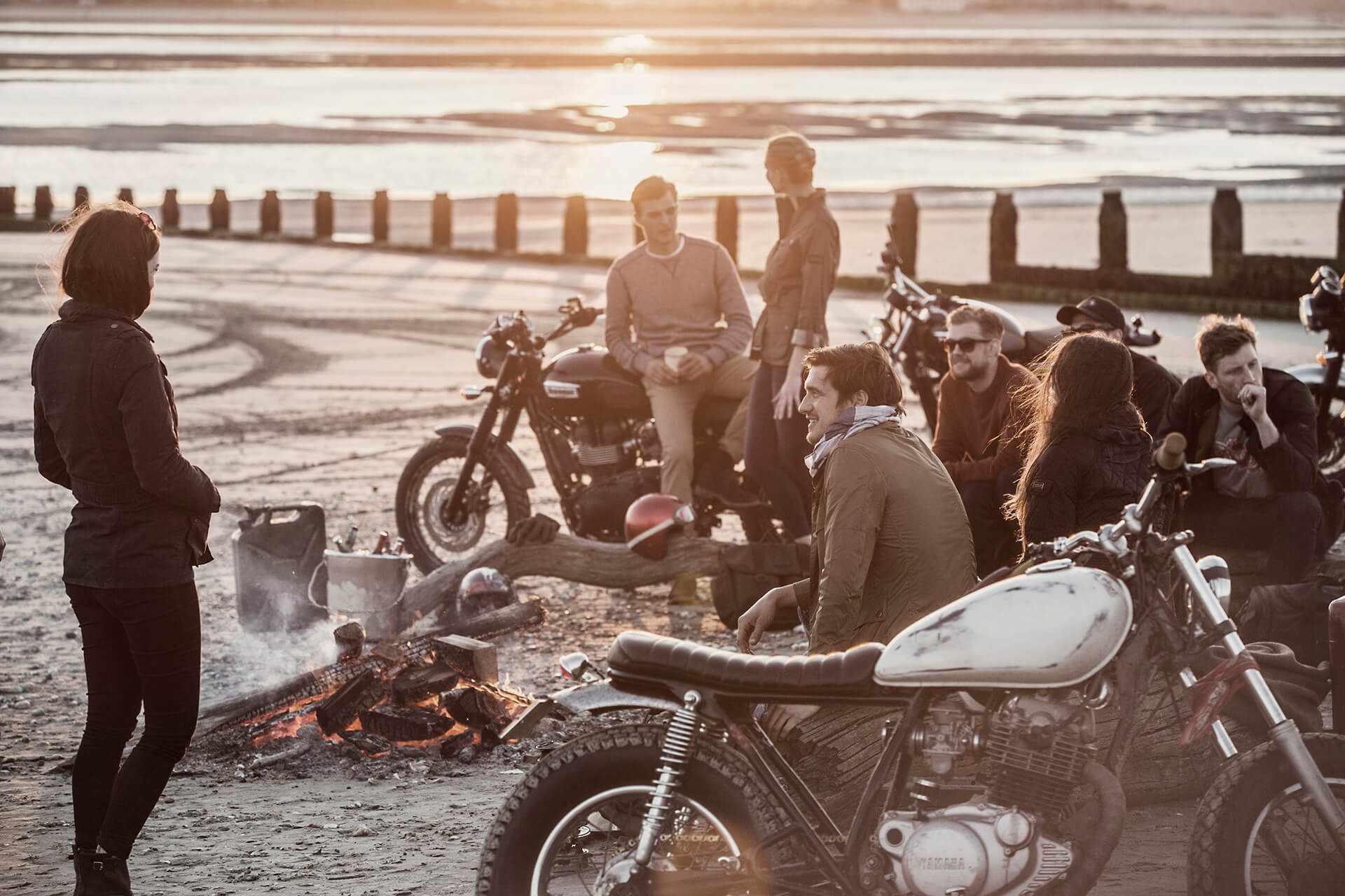 Barbour, Barbour International, Fashion, Clothes, Agency, Photography, Film, London, Sunset, WeAreShuffle, Bikers, Camp fire, beach, sea, production, marketing, ride to the sun